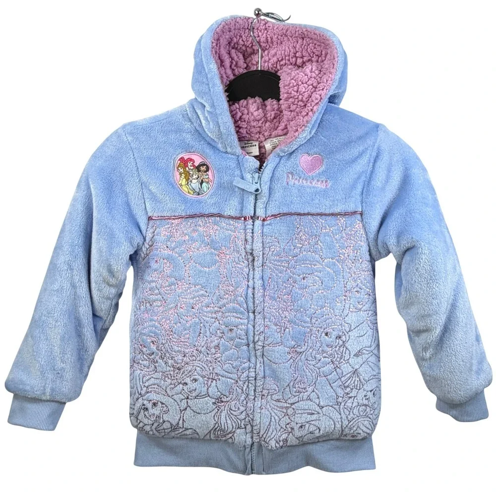 Disney Princess Hoodie Jacket Girls Blue Pink Faux Fur Sherpa Lined Zip Up Sz 7